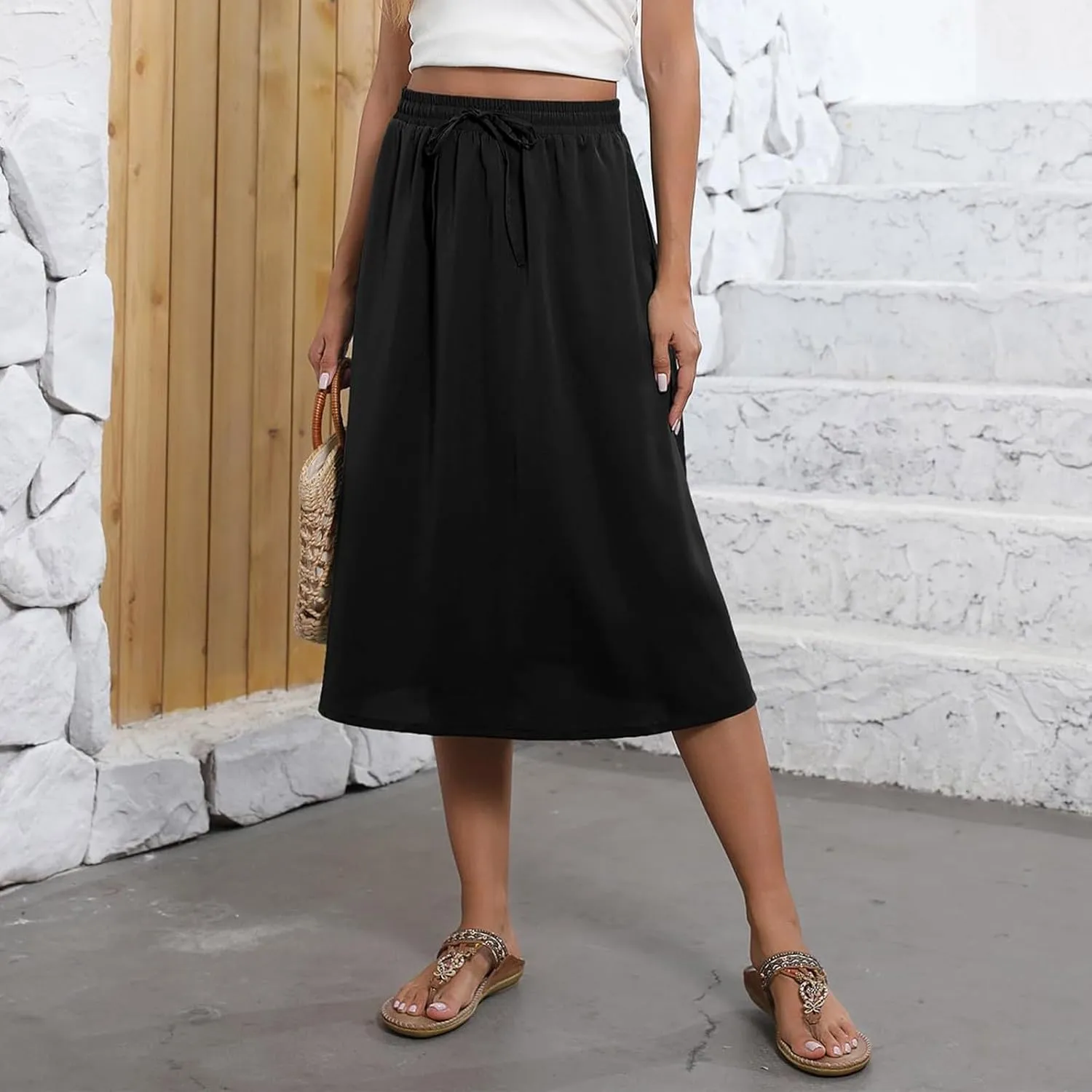 Midi Skirts for Women Trendy Summer Drawstring High Waisted Floral Boho Skirts Cute A Line Flowy Skirt with Pockets