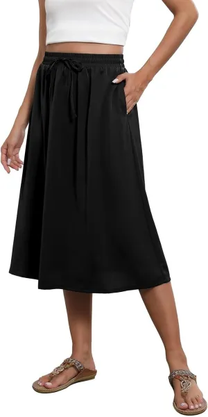 Midi Skirts for Women Trendy Summer Drawstring High Waisted Floral Boho Skirts Cute A Line Flowy Skirt with Pockets