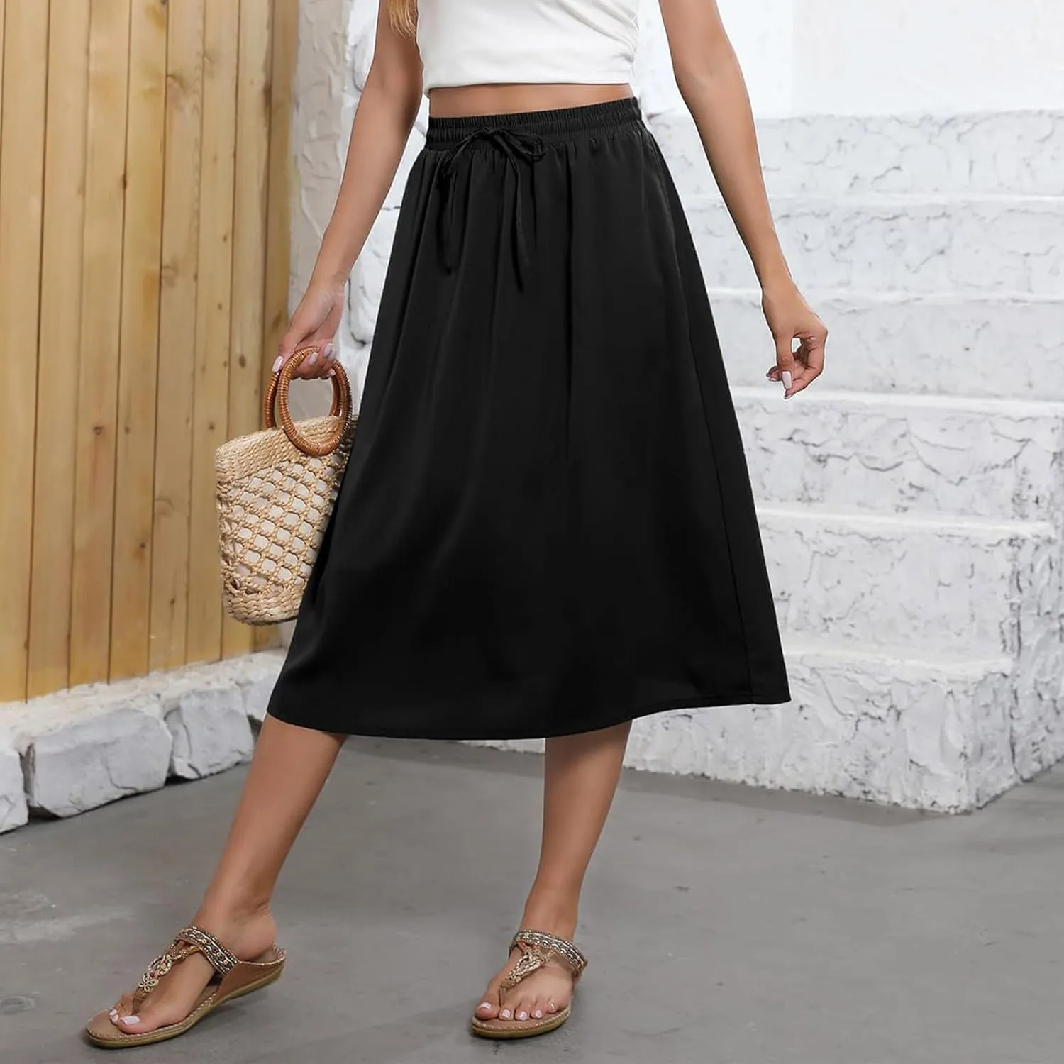 Midi Skirts for Women Trendy Summer Drawstring High Waisted Floral Boho Skirts Cute A Line Flowy Skirt with Pockets