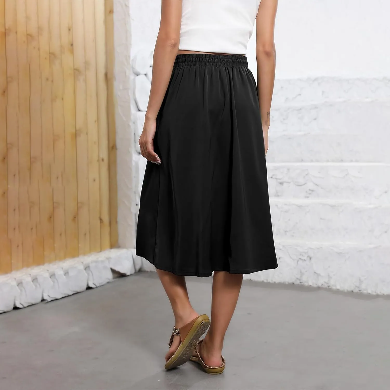 Midi Skirts for Women Trendy Summer Drawstring High Waisted Floral Boho Skirts Cute A Line Flowy Skirt with Pockets