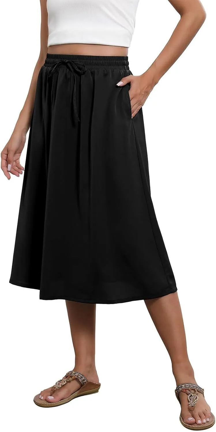 Midi Skirts for Women Trendy Summer Drawstring High Waisted Floral Boho Skirts Cute A Line Flowy Skirt with Pockets
