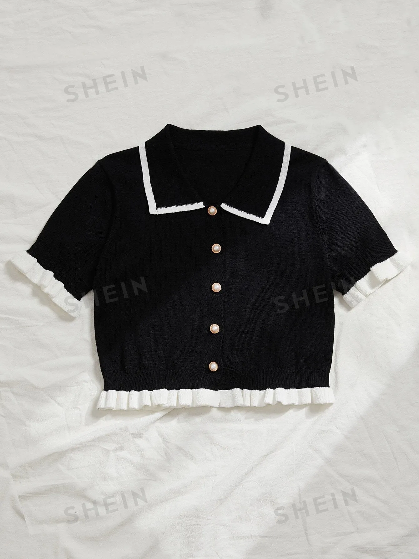 MOOSTA Button Front Contrast Binding Frill Trim Cardigan