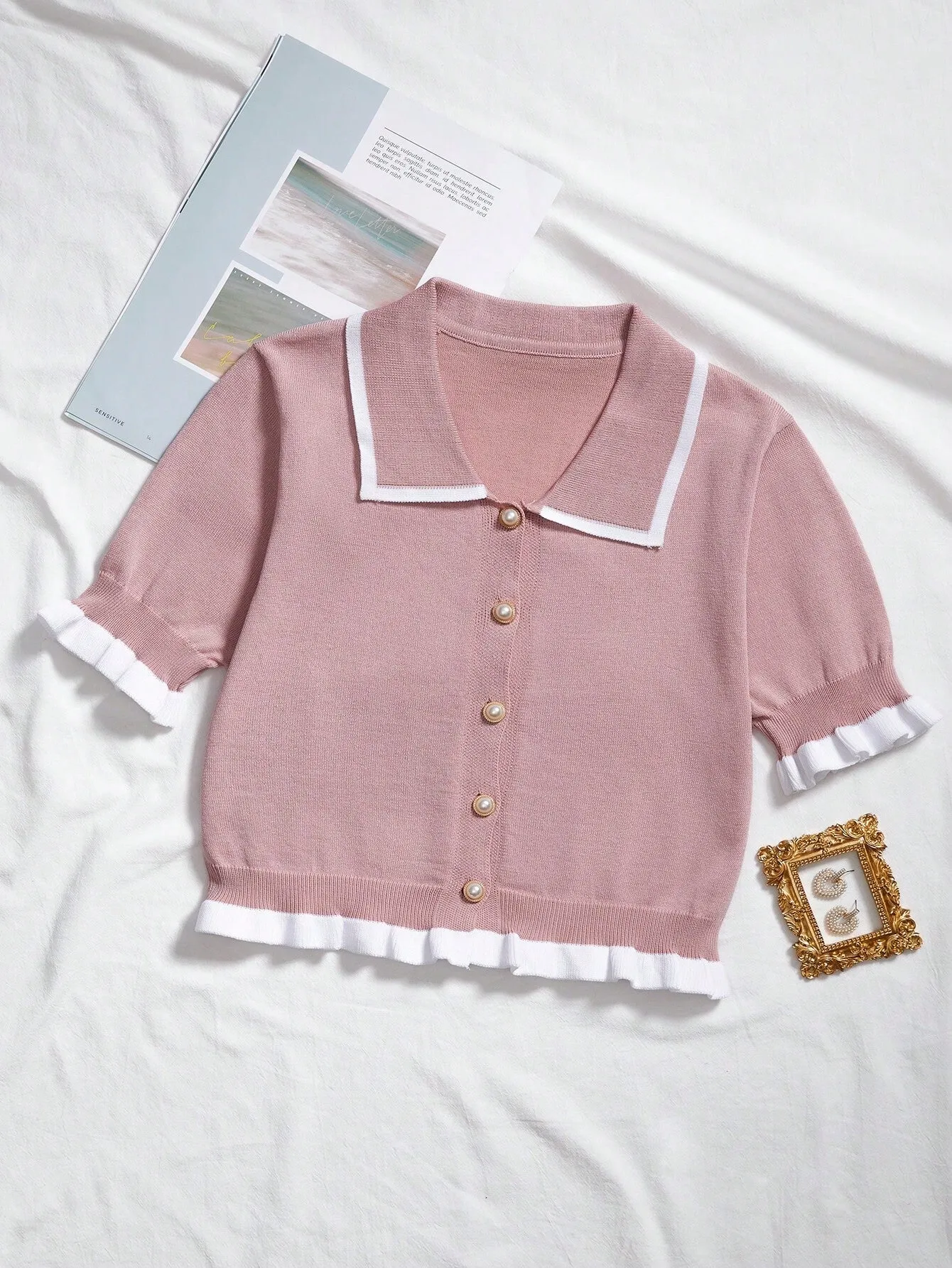 MOOSTA Button Front Contrast Binding Frill Trim Cardigan
