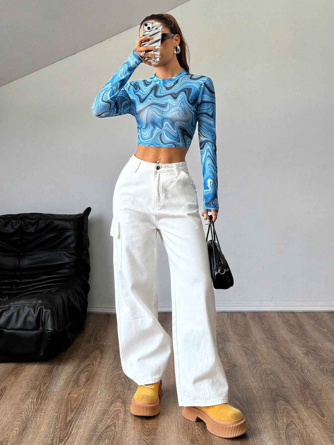 MOOSTA Marble Print Mock Neck Crop Tee