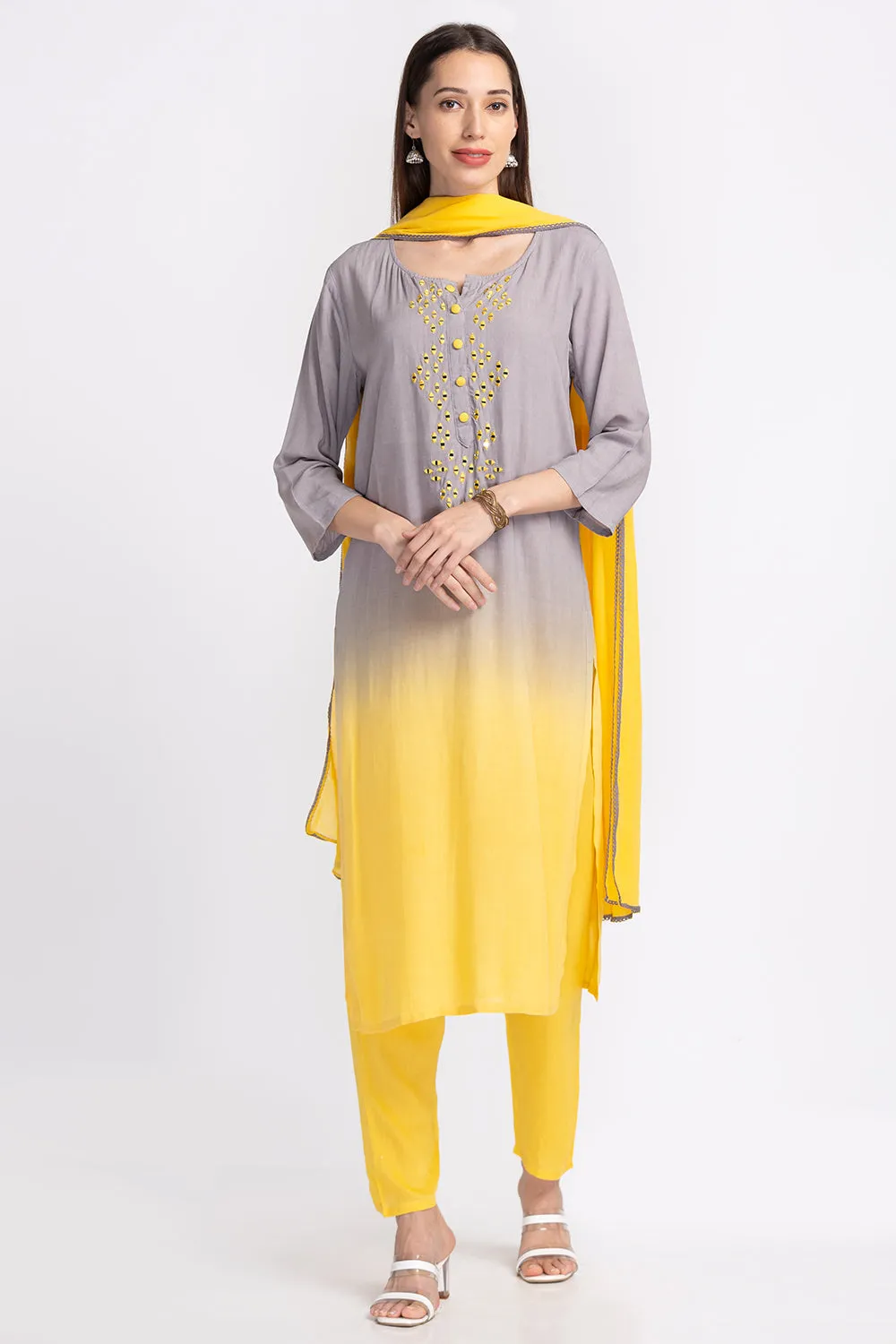 Neerus Panelled Mirror Work Kurta with Trousers and Dupatta