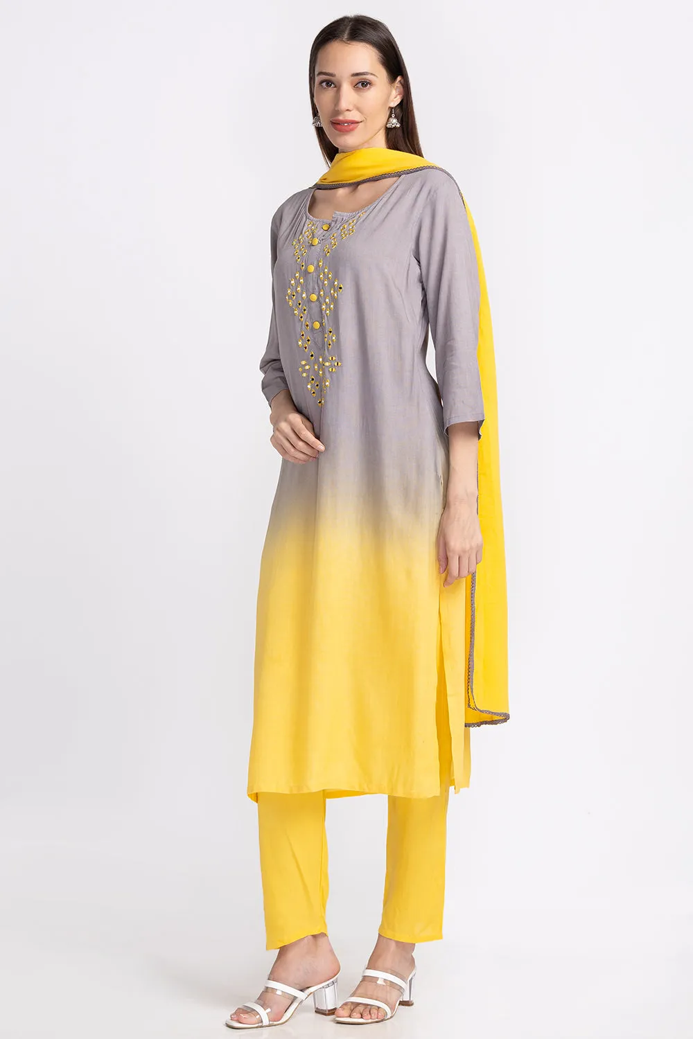 Neerus Panelled Mirror Work Kurta with Trousers and Dupatta