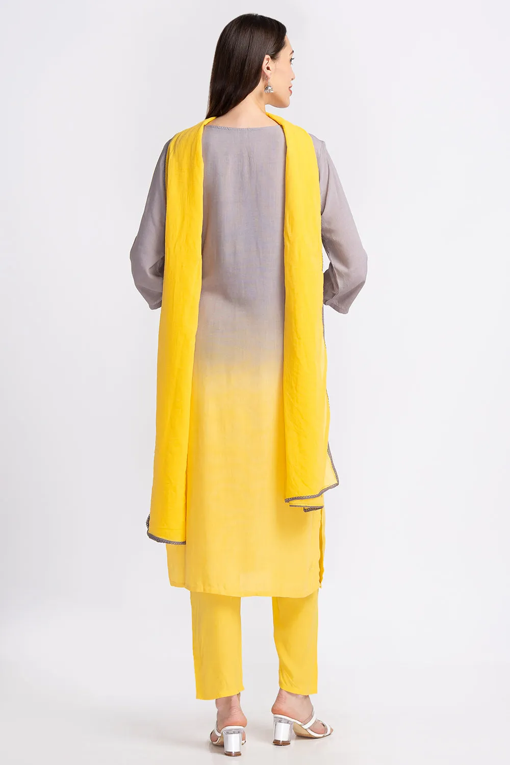 Neerus Panelled Mirror Work Kurta with Trousers and Dupatta