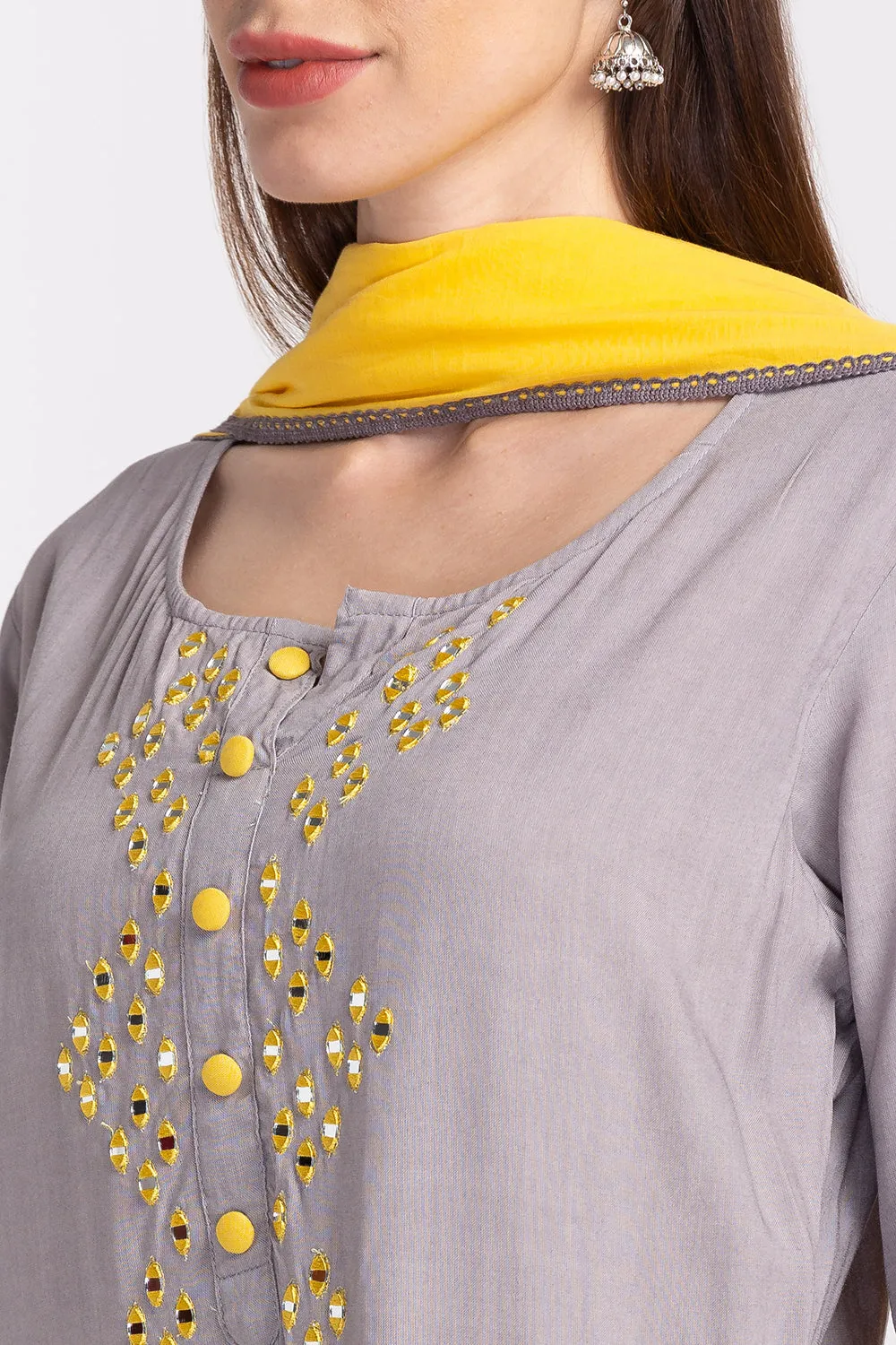 Neerus Panelled Mirror Work Kurta with Trousers and Dupatta