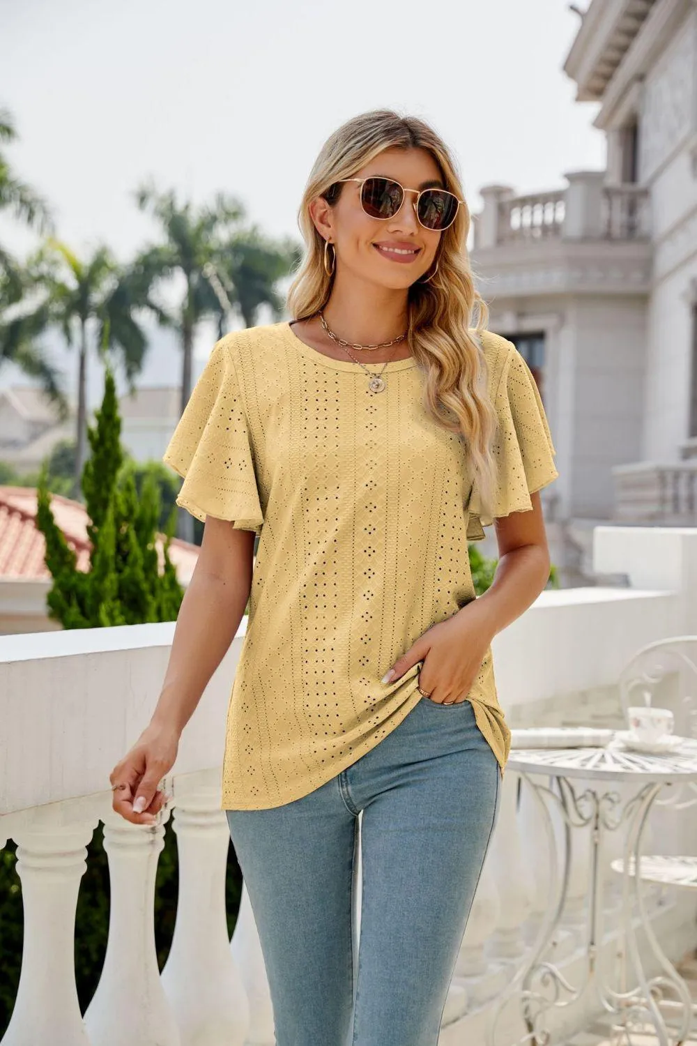 New Me Eyelet Crewneck Flutter Sleeve Blouse