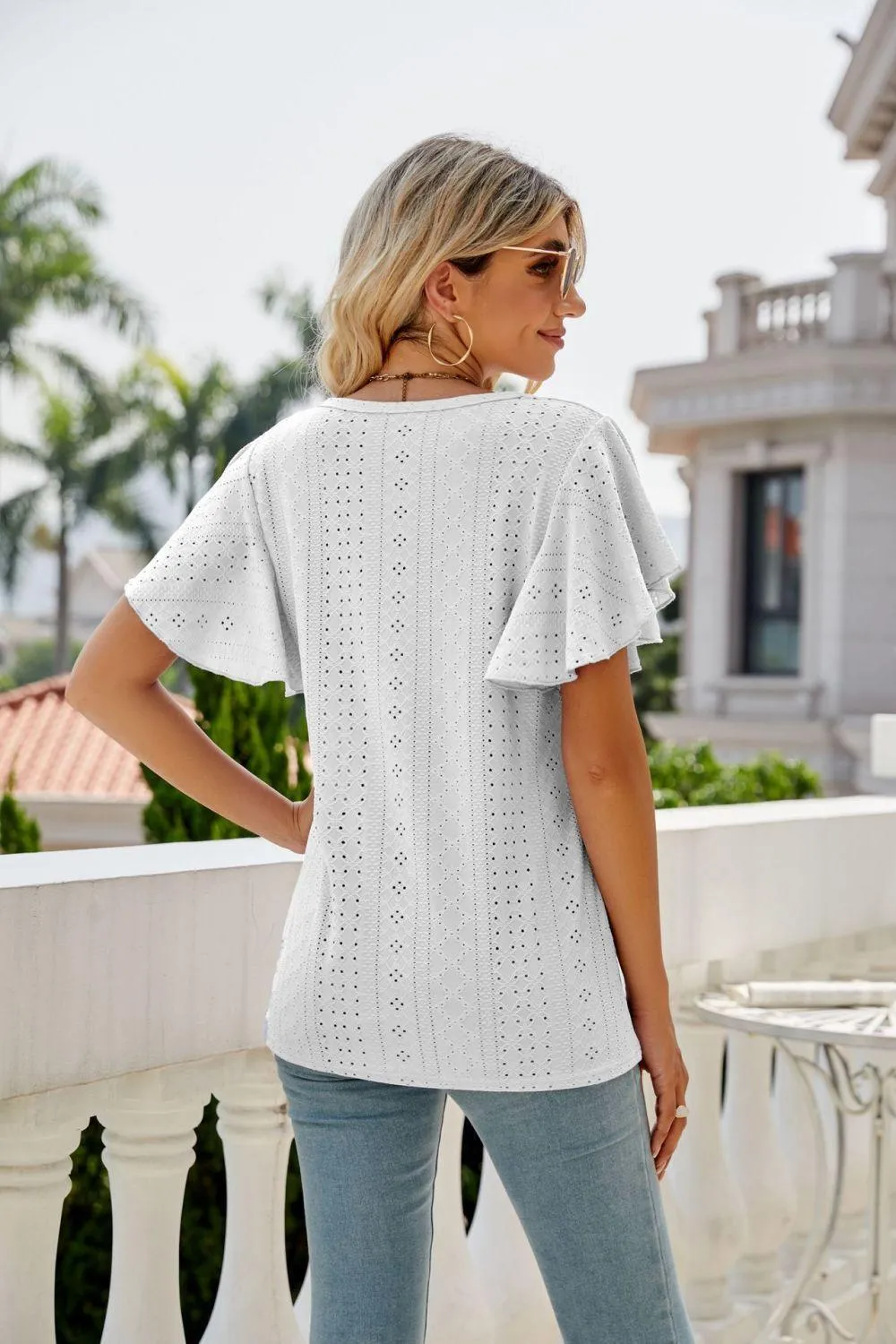 New Me Eyelet Crewneck Flutter Sleeve Blouse