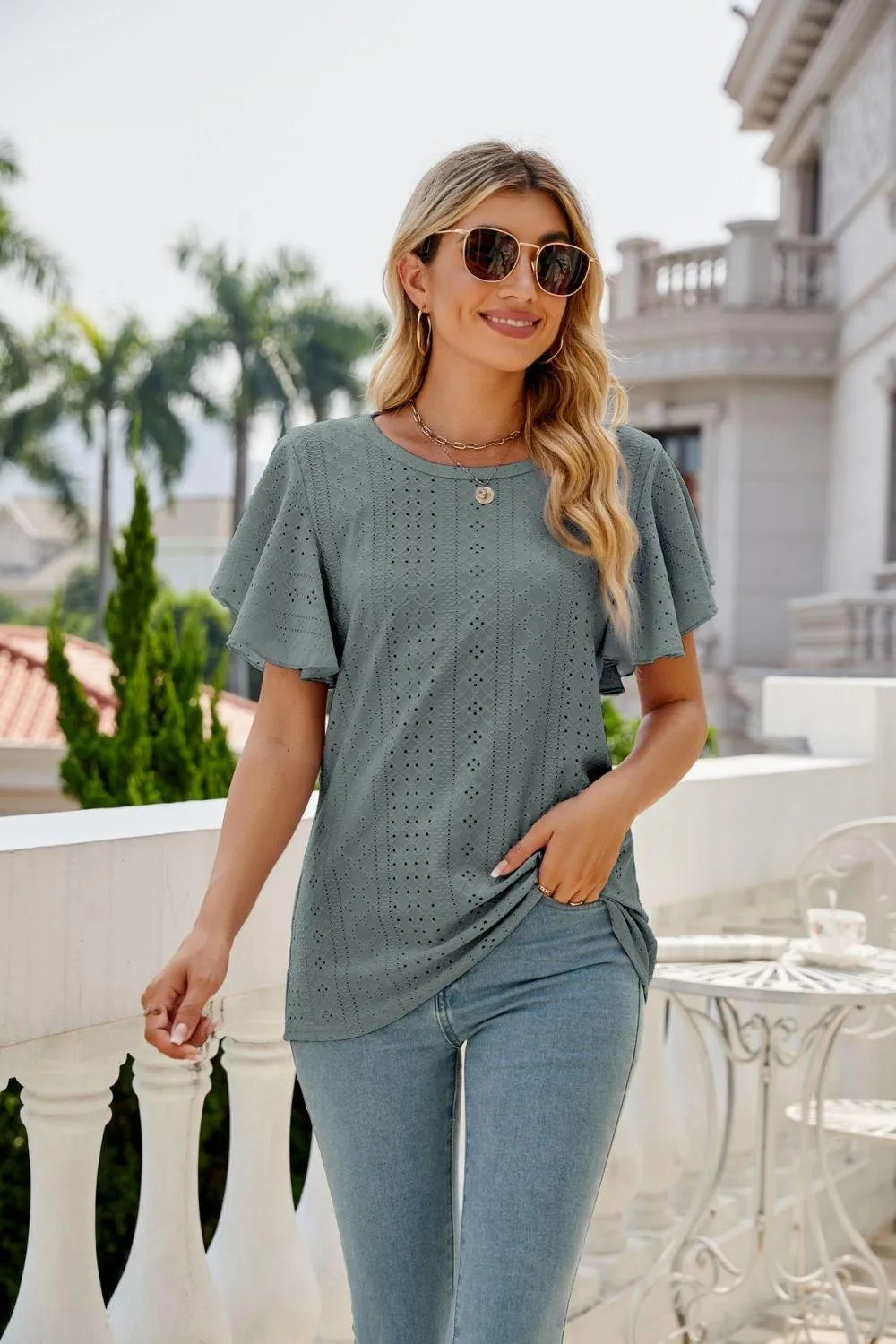 New Me Eyelet Crewneck Flutter Sleeve Blouse