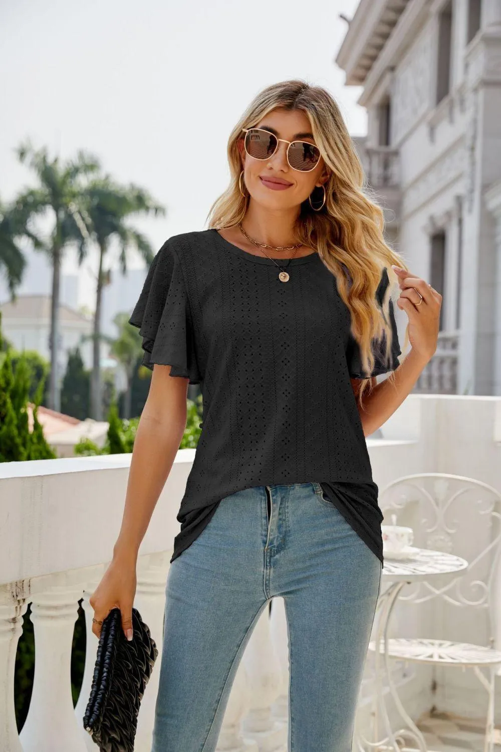 New Me Eyelet Crewneck Flutter Sleeve Blouse