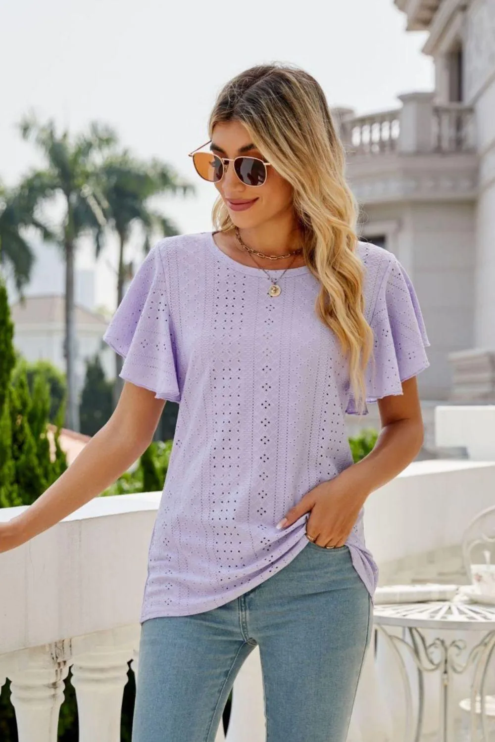 New Me Eyelet Crewneck Flutter Sleeve Blouse