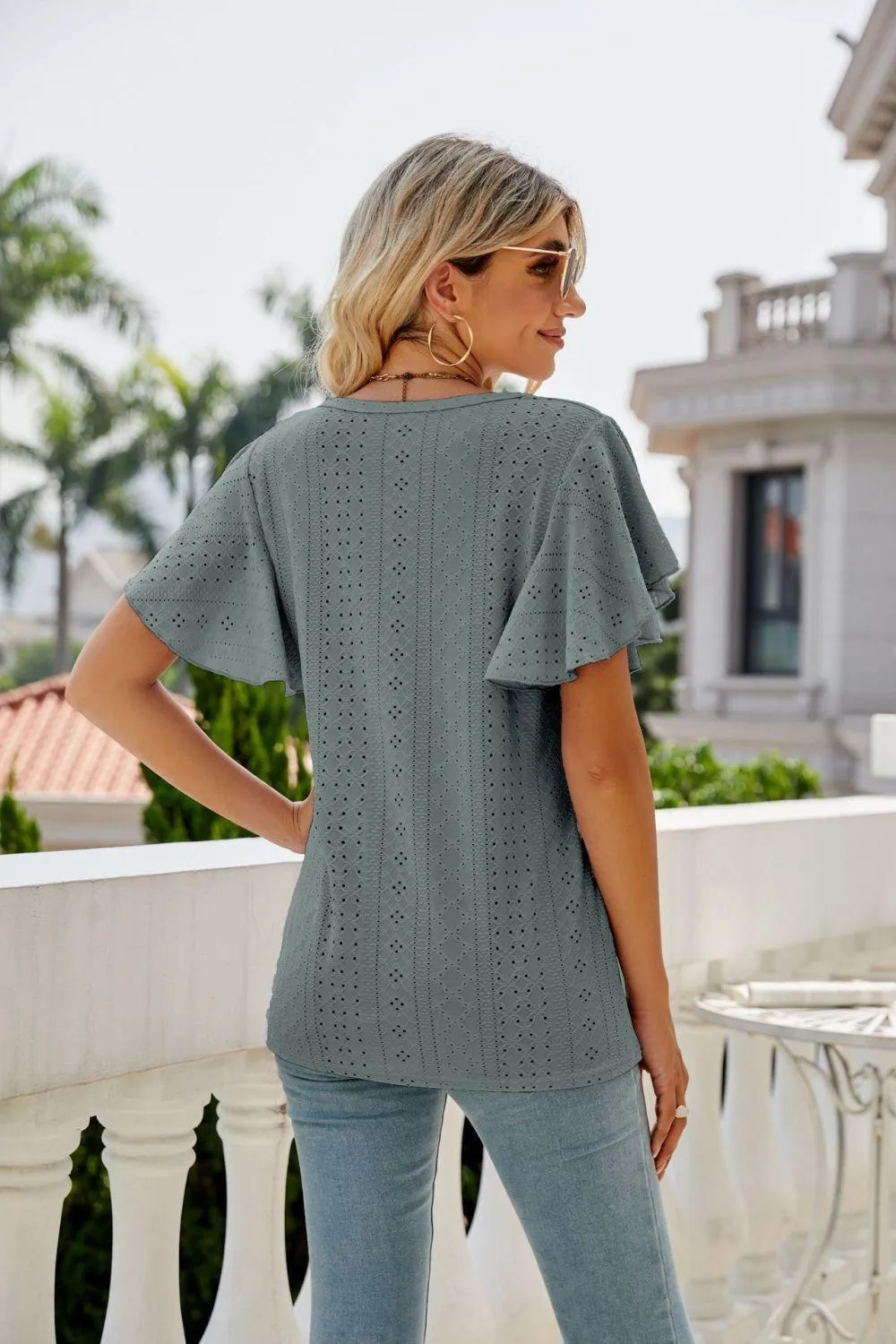 New Me Eyelet Crewneck Flutter Sleeve Blouse