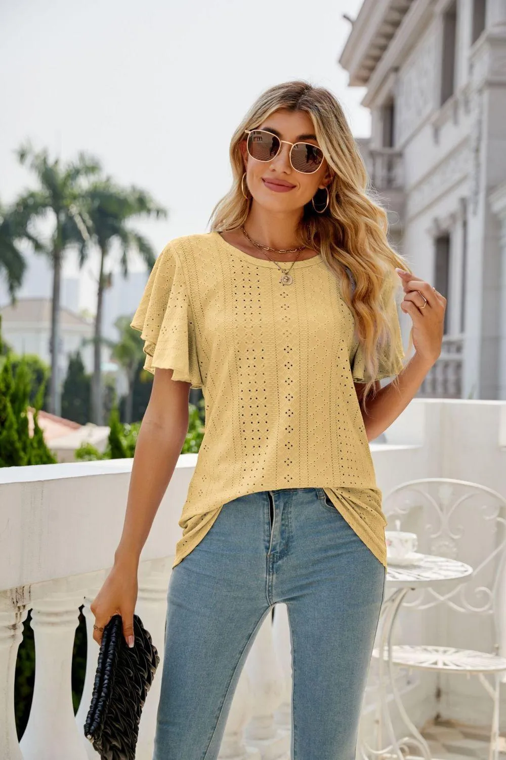 New Me Eyelet Crewneck Flutter Sleeve Blouse