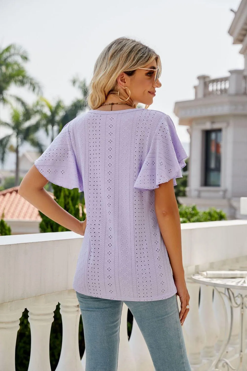 New Me Eyelet Crewneck Flutter Sleeve Blouse