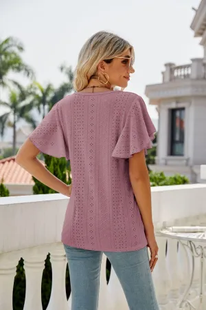 New Me Eyelet Crewneck Flutter Sleeve Blouse