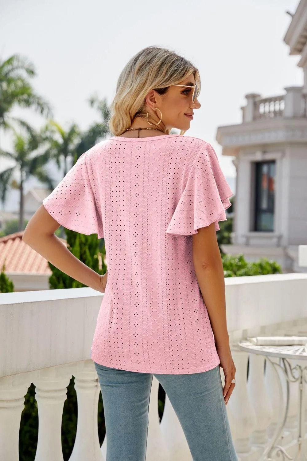 New Me Eyelet Crewneck Flutter Sleeve Blouse