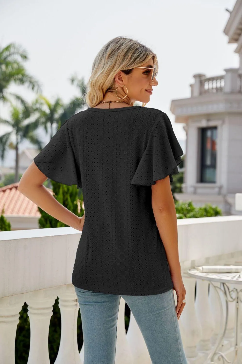 New Me Eyelet Crewneck Flutter Sleeve Blouse