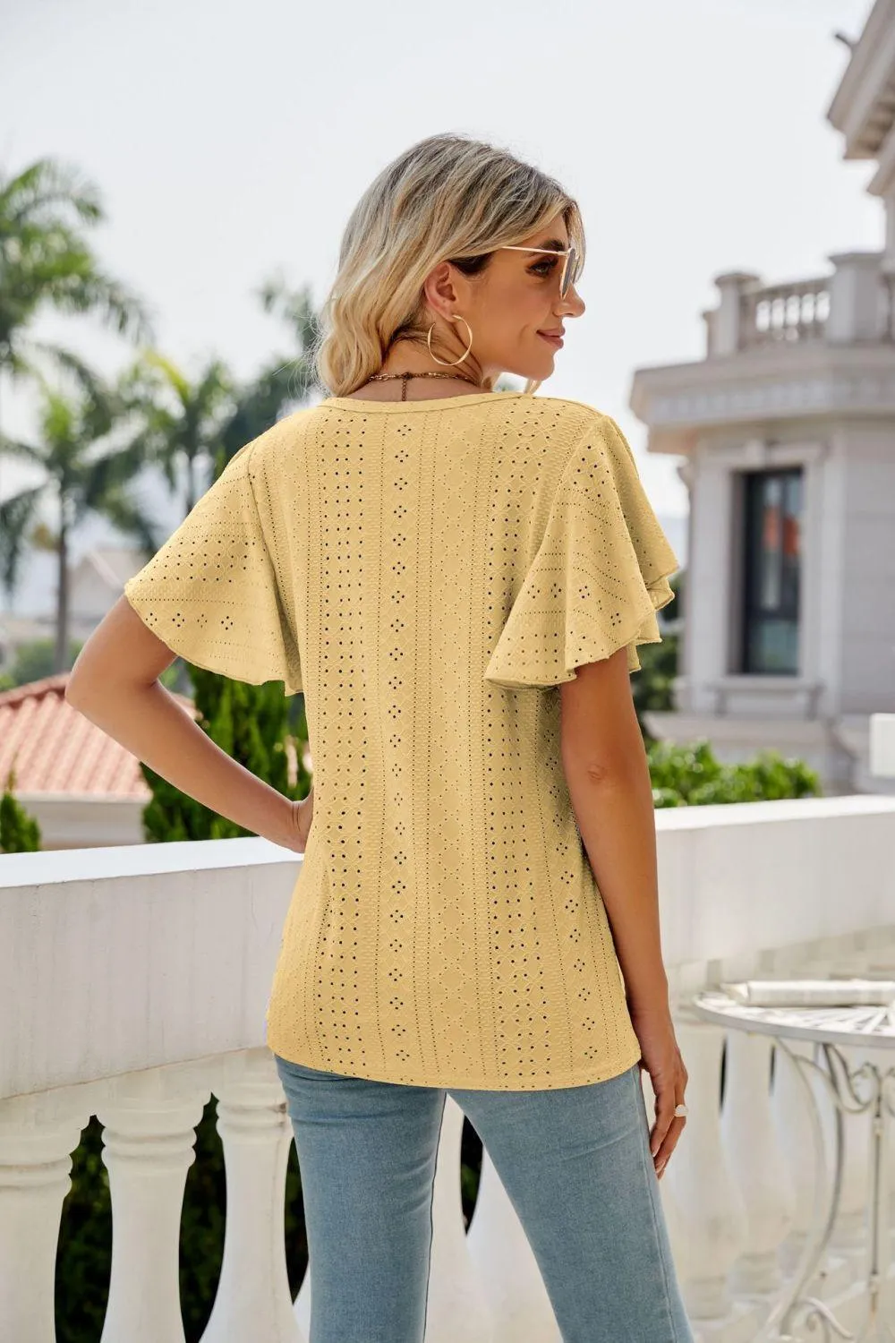 New Me Eyelet Crewneck Flutter Sleeve Blouse
