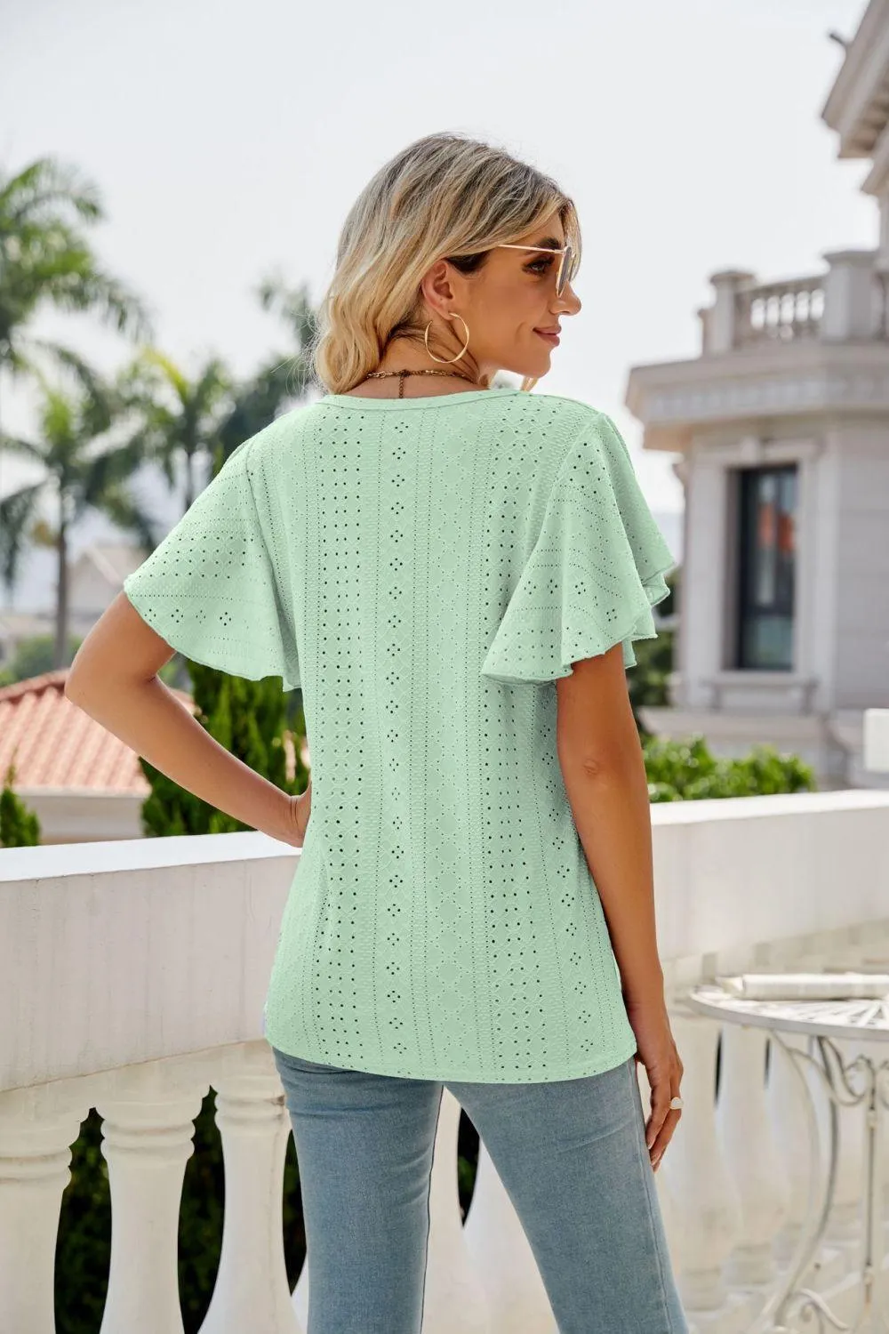 New Me Eyelet Crewneck Flutter Sleeve Blouse
