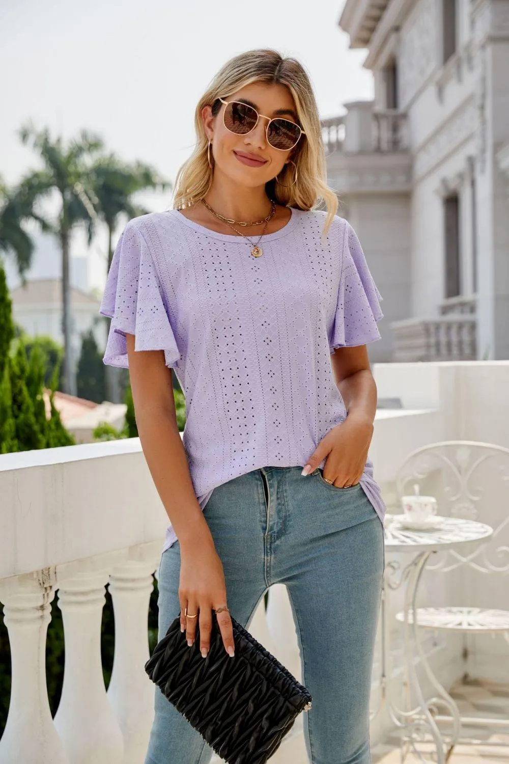 New Me Eyelet Crewneck Flutter Sleeve Blouse