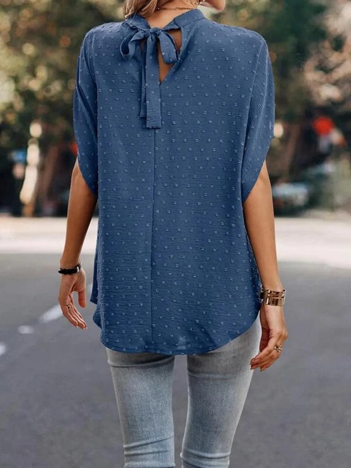 Office To Leisure Half Sleeve Tie Mock Neck Blouse