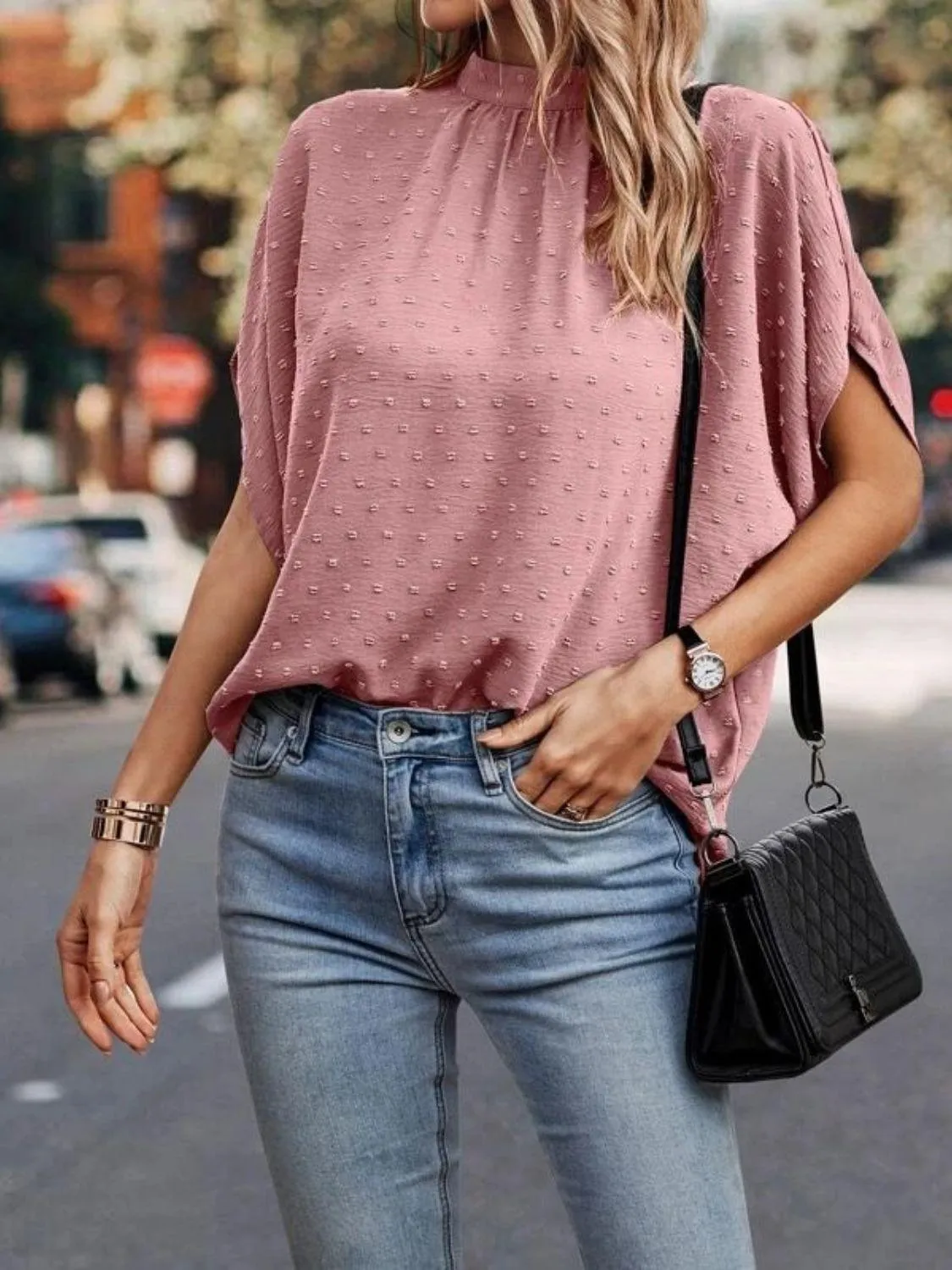 Office To Leisure Half Sleeve Tie Mock Neck Blouse