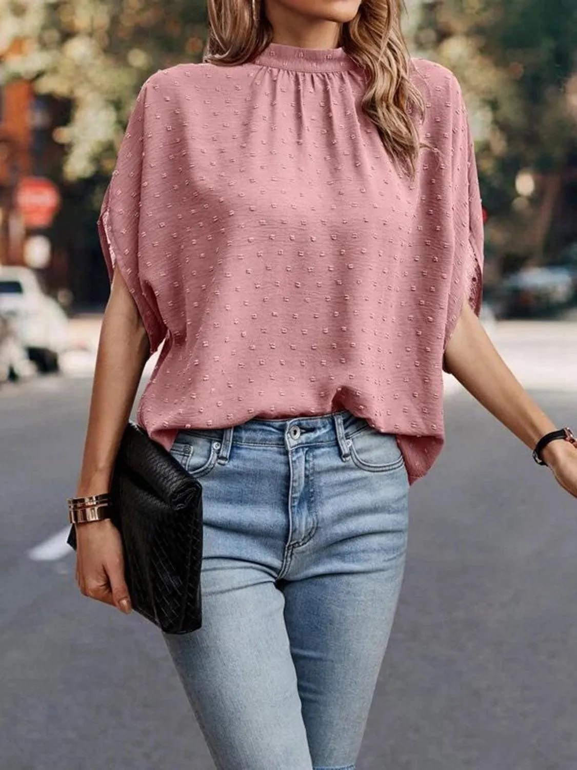 Office To Leisure Half Sleeve Tie Mock Neck Blouse