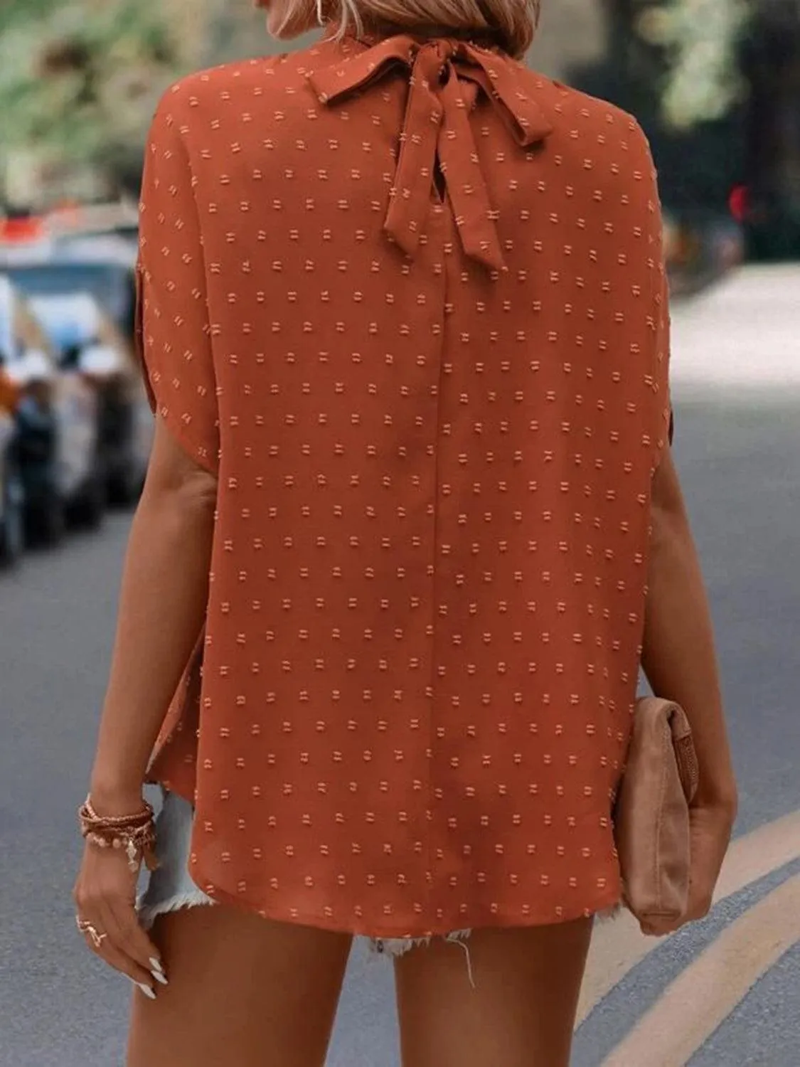 Office To Leisure Half Sleeve Tie Mock Neck Blouse