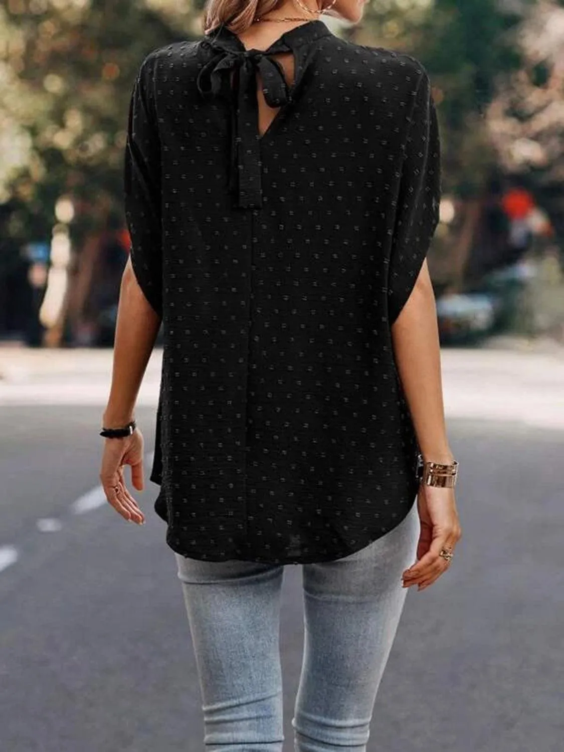 Office To Leisure Half Sleeve Tie Mock Neck Blouse