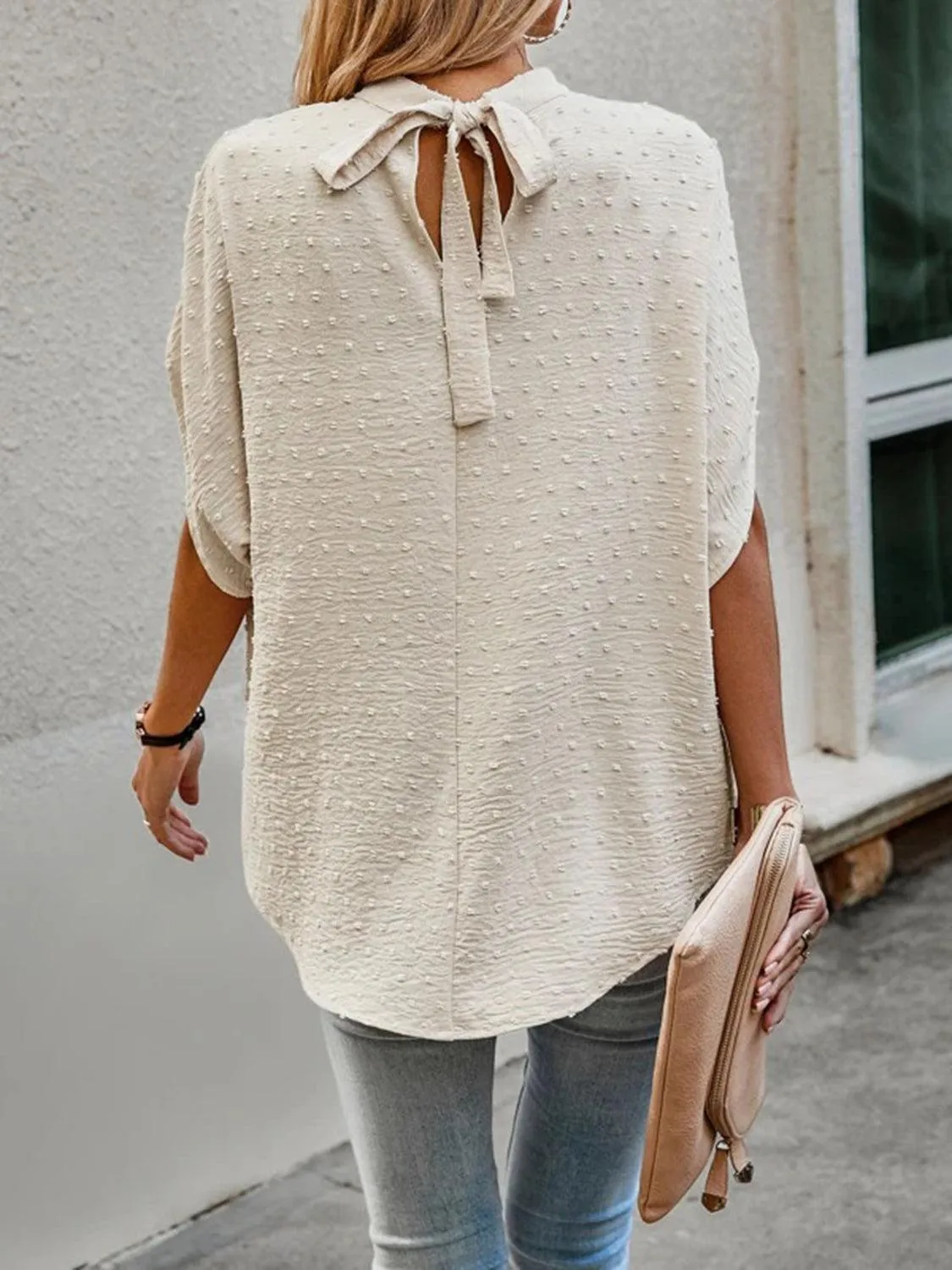 Office To Leisure Half Sleeve Tie Mock Neck Blouse