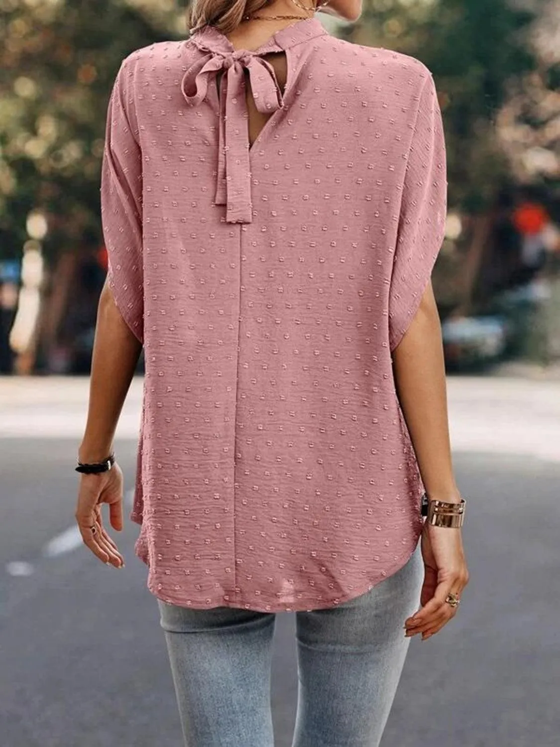 Office To Leisure Half Sleeve Tie Mock Neck Blouse