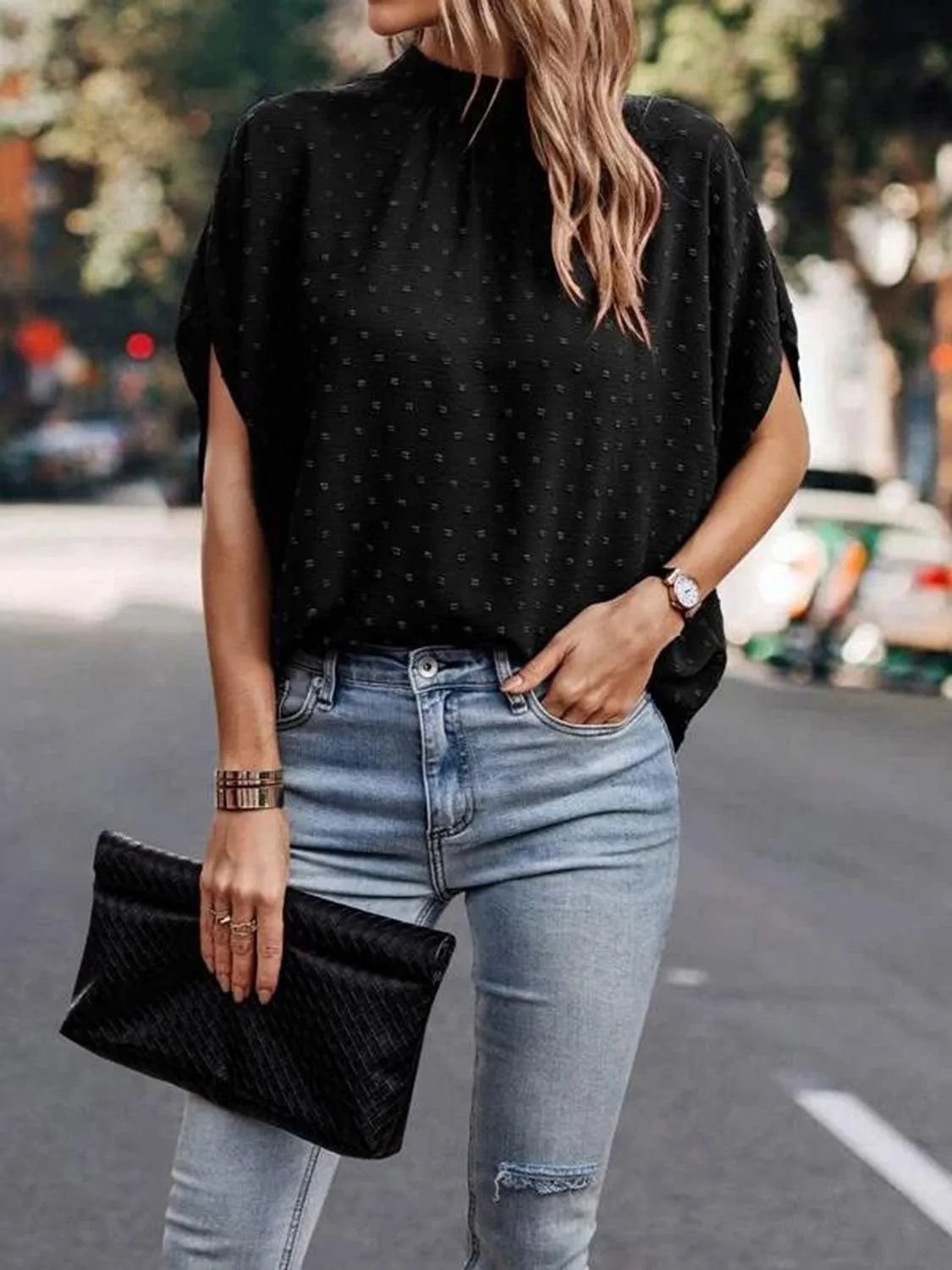 Office To Leisure Half Sleeve Tie Mock Neck Blouse