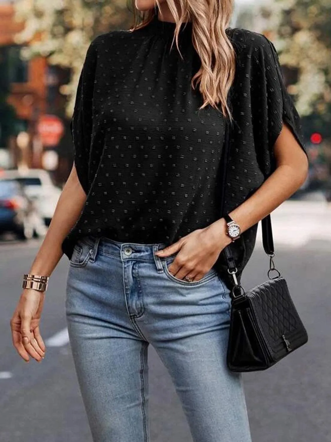 Office To Leisure Half Sleeve Tie Mock Neck Blouse