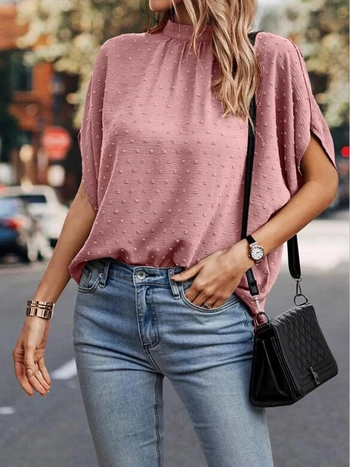 Office To Leisure Half Sleeve Tie Mock Neck Blouse