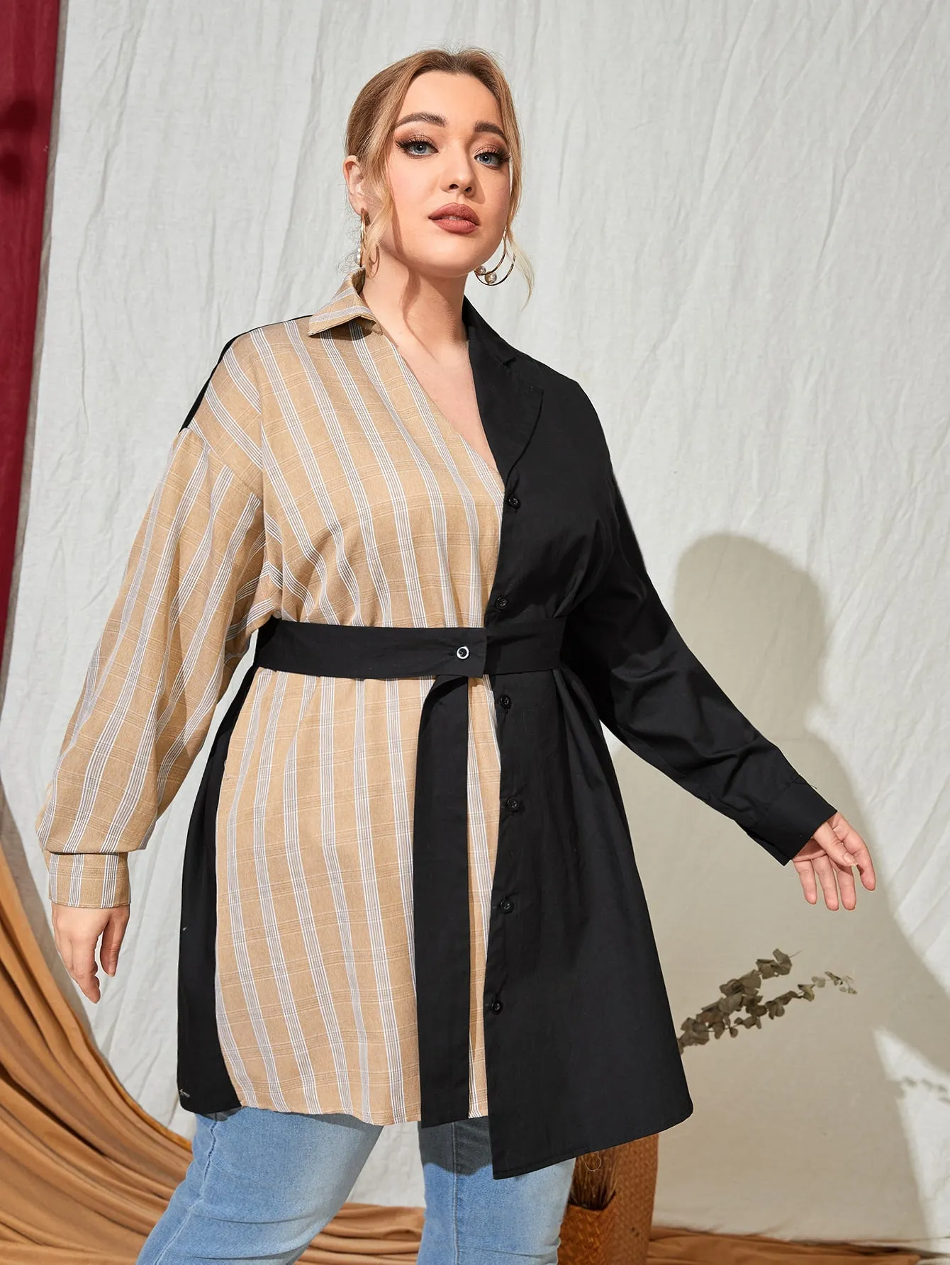 Plaid Button Front Long Sleeve Lapel Long Plus Size Blouse