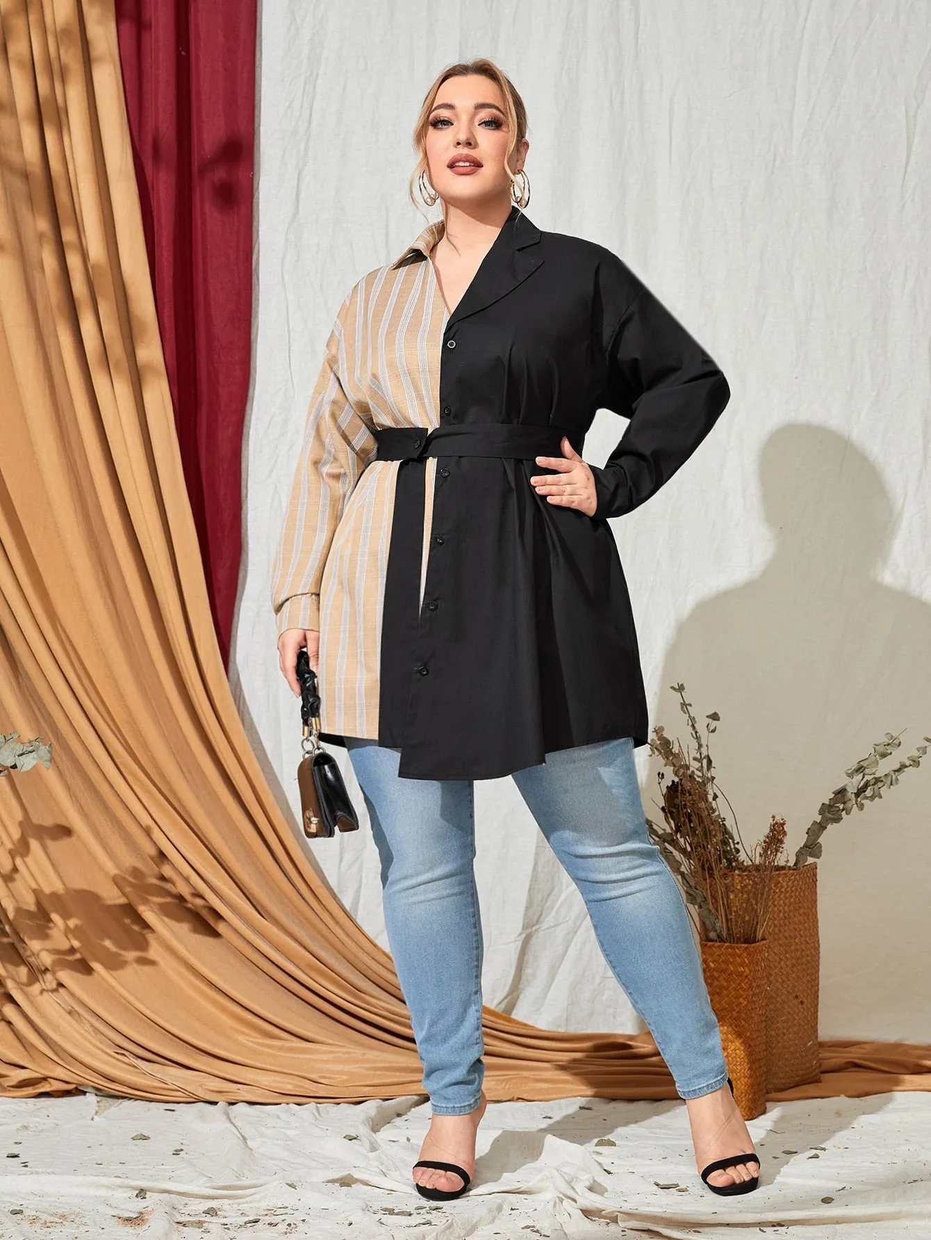 Plaid Button Front Long Sleeve Lapel Long Plus Size Blouse