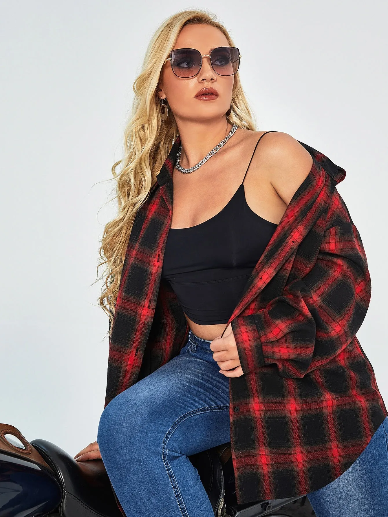 Plaid Button Long Sleeve Collar Long Plus Size Blouse