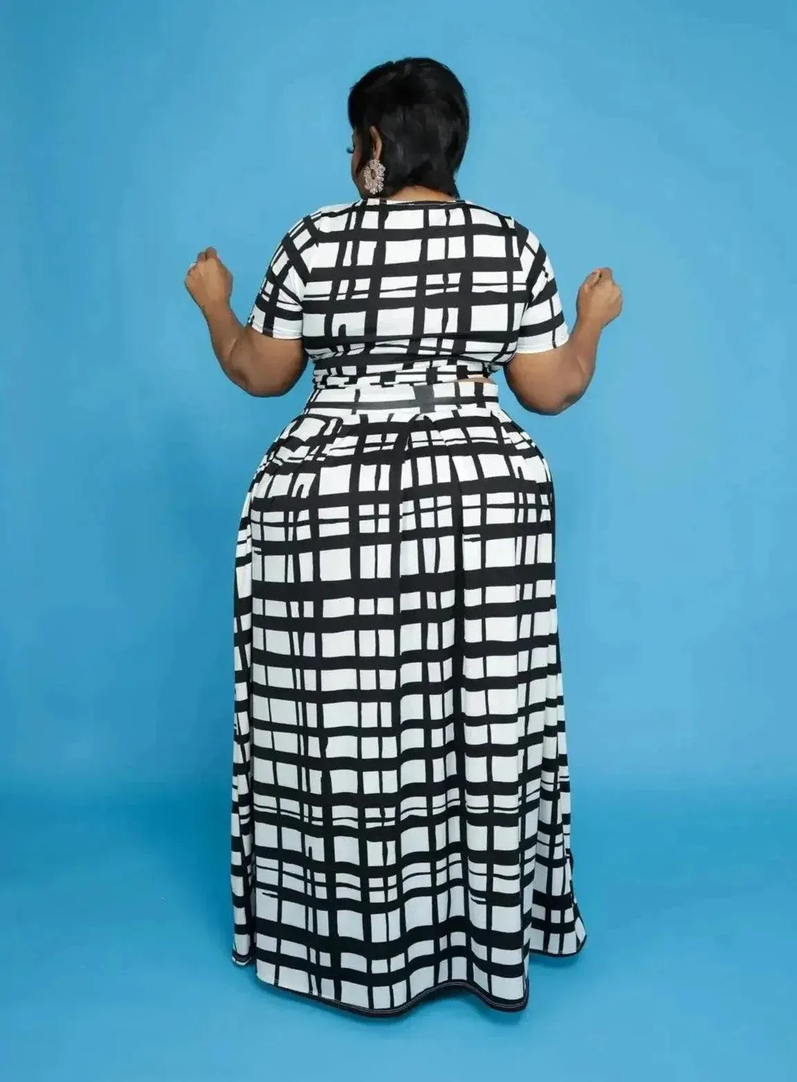 Plaid Two Piece Fashion Tie Up T-shirt and Maxi Skirts Matching Set For Women