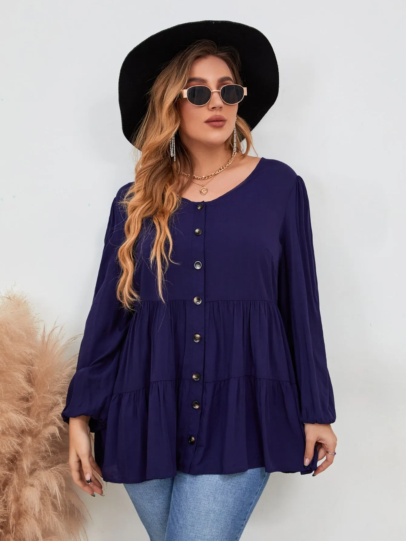 Plain Button Front Long Sleeve Round Neck Flared Long Plus Size Blouse