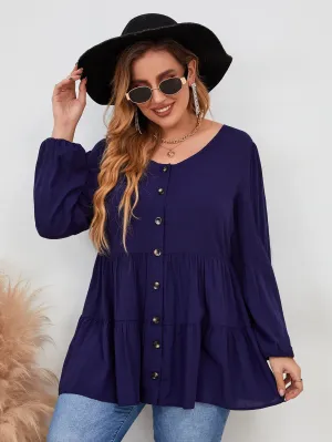 Plain Button Front Long Sleeve Round Neck Flared Long Plus Size Blouse