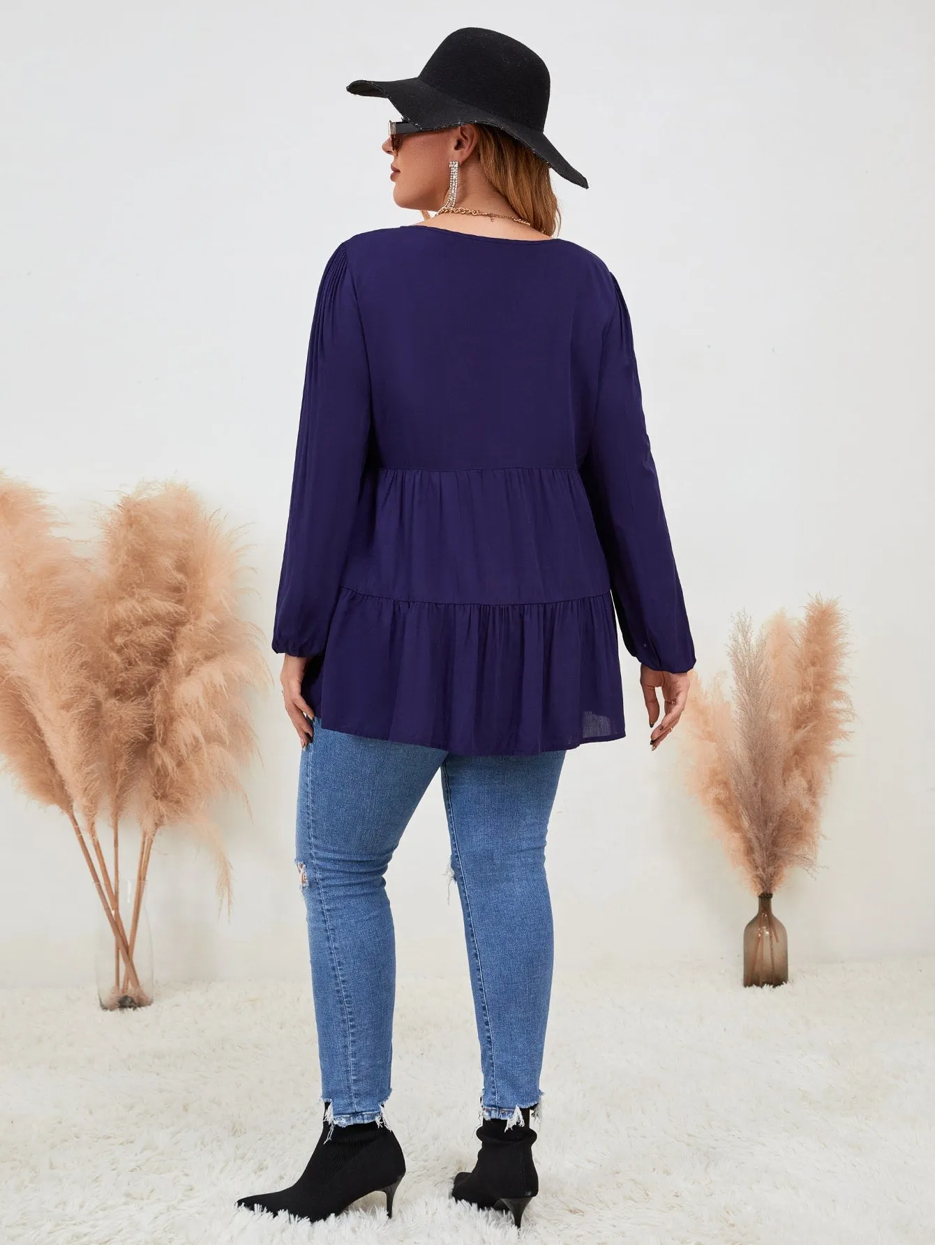 Plain Button Front Long Sleeve Round Neck Flared Long Plus Size Blouse