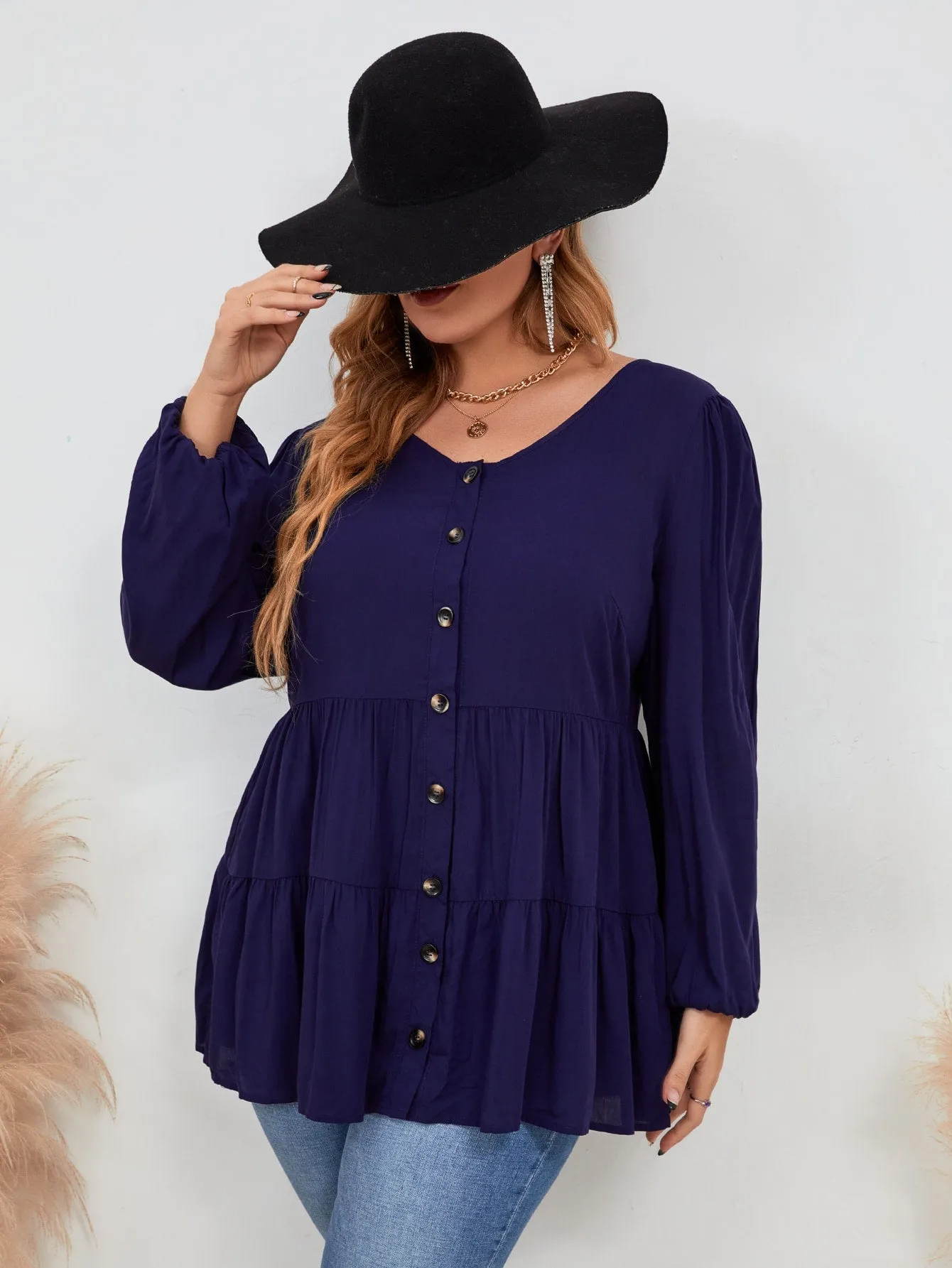 Plain Button Front Long Sleeve Round Neck Flared Long Plus Size Blouse