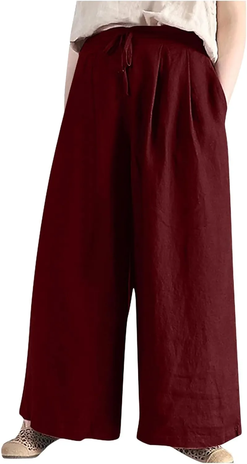 Plus Size Linen Pants for Women Wide Leg High Waist Cotton Linen Trousers, Breathable Wrinkle-Free Beach Vacation Wear