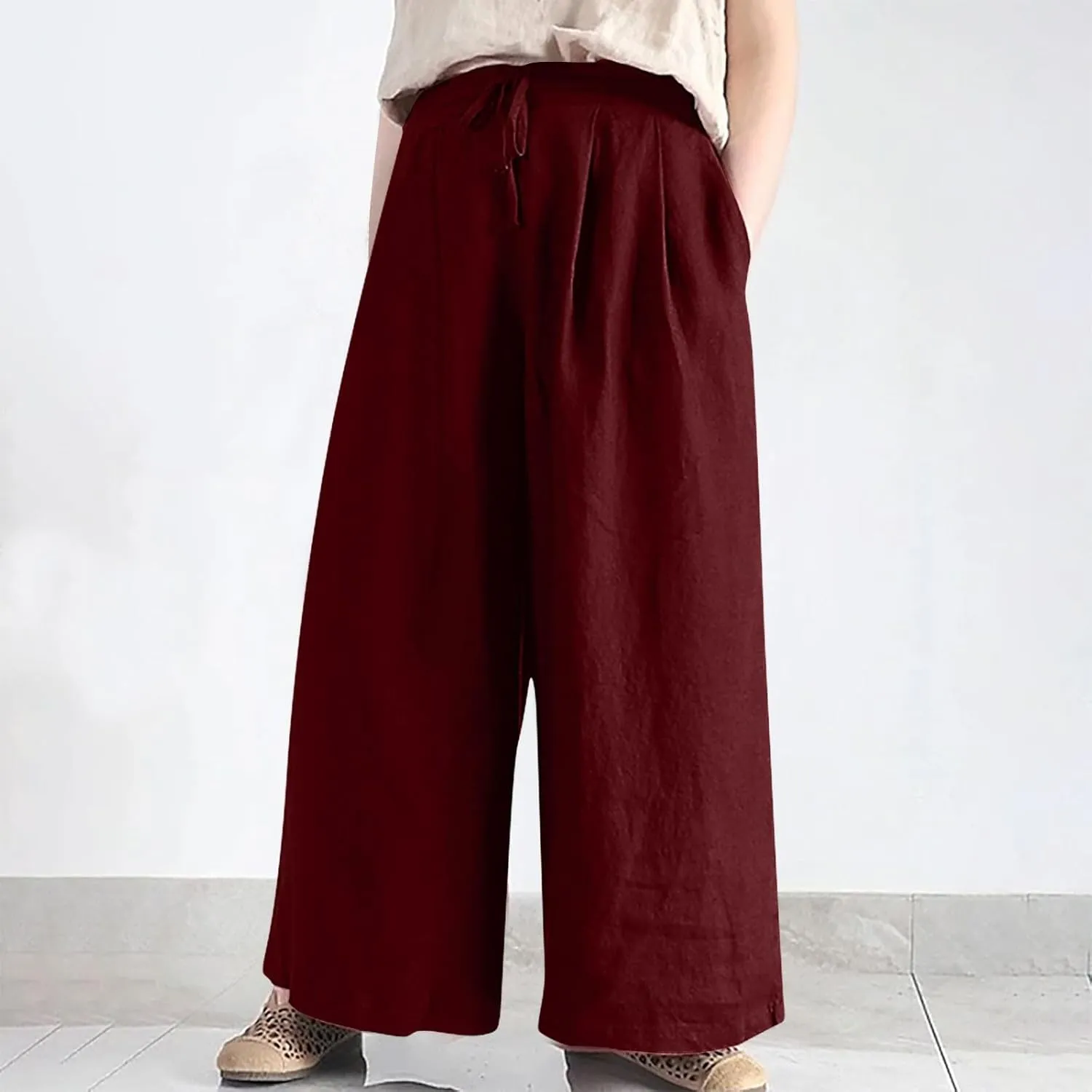 Plus Size Linen Pants for Women Wide Leg High Waist Cotton Linen Trousers, Breathable Wrinkle-Free Beach Vacation Wear