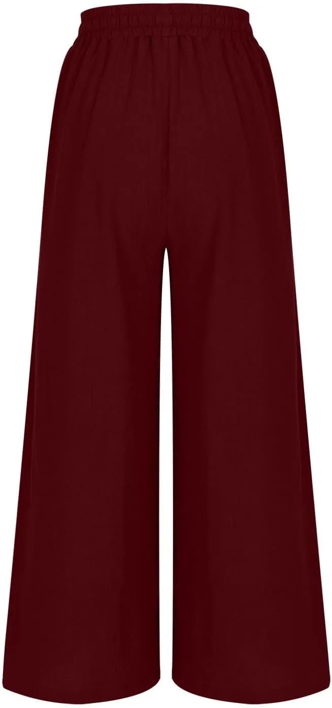 Plus Size Linen Pants for Women Wide Leg High Waist Cotton Linen Trousers, Breathable Wrinkle-Free Beach Vacation Wear