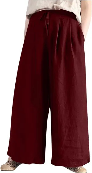 Plus Size Linen Pants for Women Wide Leg High Waist Cotton Linen Trousers, Breathable Wrinkle-Free Beach Vacation Wear