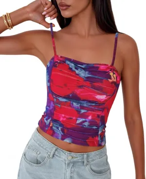 PRETTYGARDEN Womens Floral Spaghetti Strap Tank Tops Square Neck Sleeveless Ruched Mesh Bodycon Sexy Top Y2K Outfits