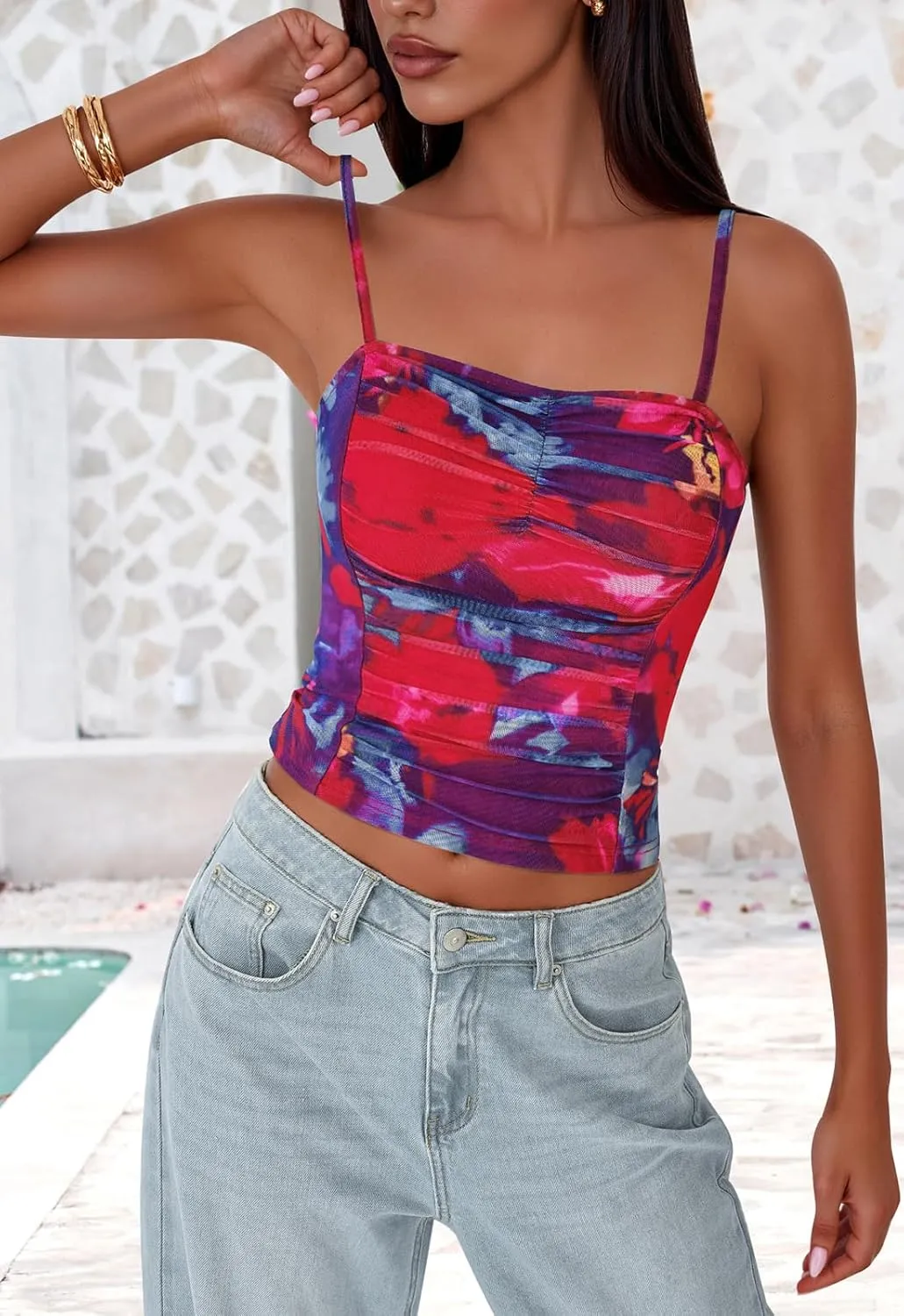 PRETTYGARDEN Womens Floral Spaghetti Strap Tank Tops Square Neck Sleeveless Ruched Mesh Bodycon Sexy Top Y2K Outfits